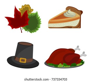Set of Thanksgiving Day: Turkey, Hat, Pumpkin pie, Leaf icon. Cartoon style. Vector Illustration.