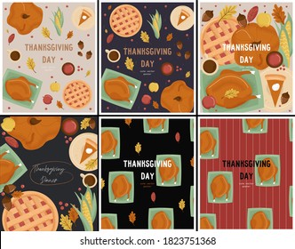 Set of Thanksgiving Day vector posters with cute Thanksgivings symbol set. Turkey, pumpkin, berry pie, tea, pumpkin cheesecake, cranberry sauce, corn and leaves. Flat posters for autumn holidays.