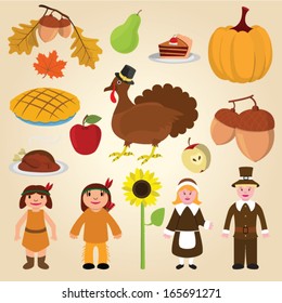 Set of Thanksgiving Design Elements - Pilgrims, Indians, Traditional Food, Turkey and other 