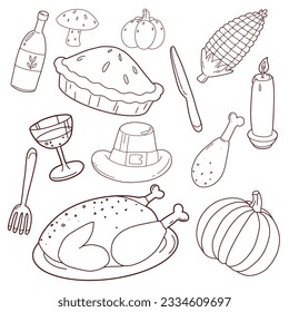 Set of thanksgiving dinner hand draw doodle elements, roast Turkey, pumpkin, corn, pilgrim hat, wine, fork and spoon. Vector illustration