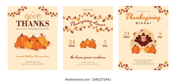 Un conjunto de invitaciones para la cena de Acción de Gracias. Ilustraciones vectoriales de Feliz Día de Acción de Gracias con Calabazas, Hojas de Otoño y un Pavo con Sombrero Piligrim. Invitación a la cena de Acción de Gracias.