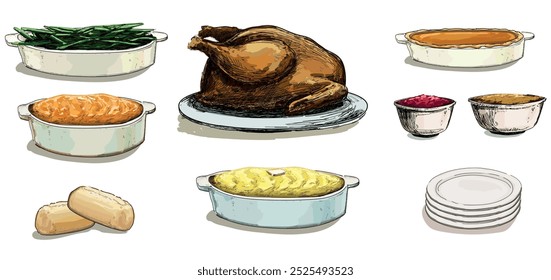 Conjunto de platos de Acción de Gracias Comida Mesa de cena americana Otoño Noviembre Ilustración de tiempo completo para la familia