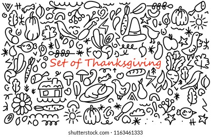 Set Of Thanksgiving In Doodle Style, Vector Illustration
