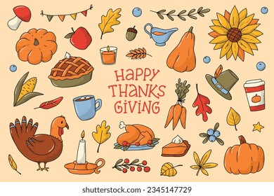 Set of Thanksgiving doodles, cartoon elements, clip art for stickers, prints, sublimation, cards, posters, signs, planners, etc. EPS 10