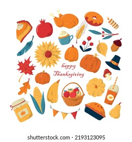 Set of Thanksgiving doodles, clip art, cartoon elements. Good for stickers, labels, planners, cards and posters, decor. EPS 10