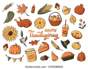 set of thanksgiving doodles and quotes isolated on white background. Good for stickers, labels, prints, signs, planners and organizers. EPS 10