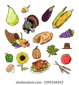 set of thanksgiving drawing vector	