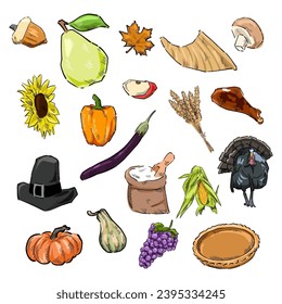 set of thanksgiving drawing vector	