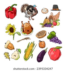 set of thanksgiving drawing vector	