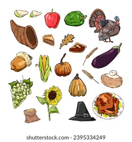 set of thanksgiving drawing vector	