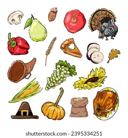 set of thanksgiving drawing vector	