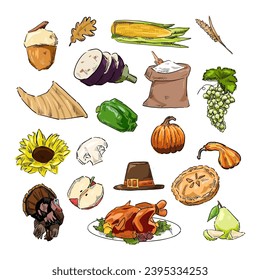 set of thanksgiving drawing vector	