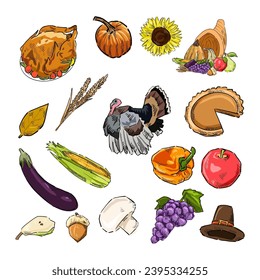 set of thanksgiving drawing vector	