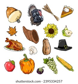 set of thanksgiving drawing vector	