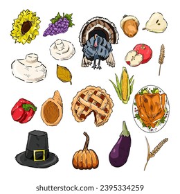 set of thanksgiving drawing vector	