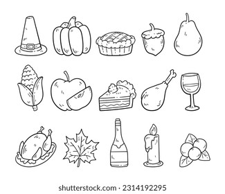 Set of Thanksgiving element outline sketch hand-drawn illustration