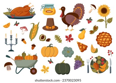 Set of Thanksgiving elements on white background. Thanksgiving, autumn and harvest concept.	