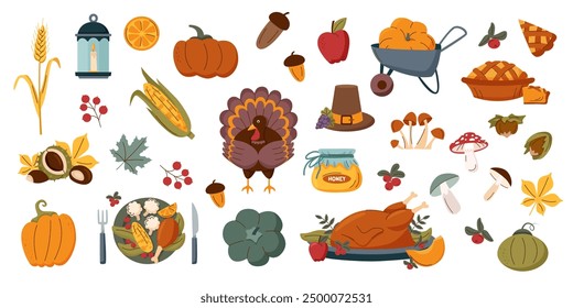 Set of Thanksgiving elements on white background. Thanksgiving, autumn and harvest concept.