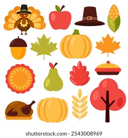 Satz von Thanksgiving-Elementen auf weißem Hintergrund. Thanksgiving, Herbst und Ernte Konzept. Vektorgrafik