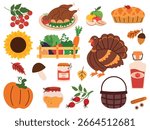 Set of Thanksgiving elements with various dishes and harvest. Vector of pie, apples, pumpkin, turkey