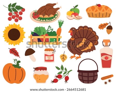 Set of Thanksgiving elements with various dishes and harvest. Vector of pie, apples, pumpkin, turkey