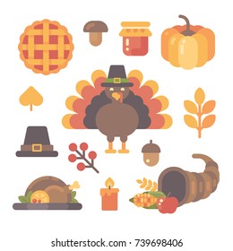 Set of Thanksgiving flat icons on white background. Various autumn items