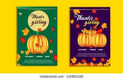 Set of Thanksgiving flyer or poster template. Yellow background with line art leaves pattern. calligraphic inscription Thanks Giving and space for your text. Vector illustration. 