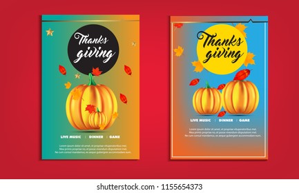 Set of Thanksgiving flyer or poster template.Red background with line art leaves pattern calligraphic inscription Thanksgiving and space for your text. Vector illustration. 