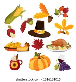 Set with thanksgiving food and autumn elements. Corn, baked turkey, , pilgrim hat, pie