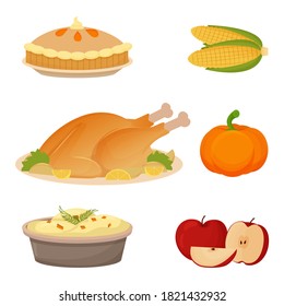 Set of Thanksgiving food turkey, mashed potatoes, apples, pumpkin, corn and pie. Collection of objects isolated on white background.