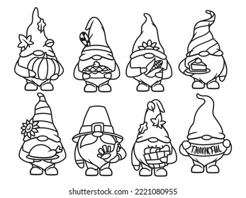 Set of Thanksgiving gnome. Collection of holiday gnomes with pumpkin pie and turkey. Autumn dwarf. Vector illustration isolated on white background.