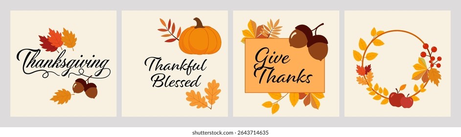 Set of Thanksgiving greeting cards with autumn leaves, acorns, pumpkin, apples, and handwritten calligraphy. Part of an autumn-themed collection
