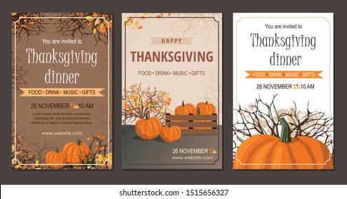 Set Thanksgiving greeting cards and invitations with pumpkin. Vector Illustration