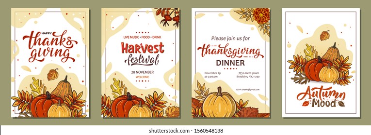 Set of Thanksgiving greeting cards and invitations with pumpkins, leaves, handwritten lettering. Vector illustration for a Thanksgiving dinner, harvest festival. Template for poster, banner, cards