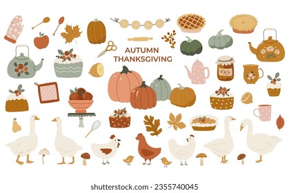 Set of Thanksgiving and hellow autumn fall cute vector illustration clipart elements. Pumpkin patch, cozy home elements, geese and chicken birds, apple, pie, teapot