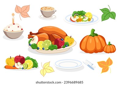 Eine Reihe von Thanksgiving-Tischdekorationen. Cartoon. Türkei Fleisch, Kutya, Zitrusfrüchte, Gemüse, Früchte, Kürbis, Besteck, Gerichte, Herbstblätter für Web-Design, Collage.