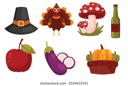 A set of Thanksgiving icons including a turkey, pilgrim hat, apple, pumpkin, mushroom, eggplant, and beer bottle.