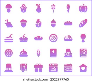 Set of Thanksgiving Icons line style. Contains such Icons as autumn, food, drink, celebration, Pilgrims, decorations, farming, gifts, nature, produce And Other Elements.