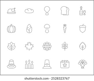 Set of Thanksgiving Icons line style. Contains such Icons as autumn, food, drink, celebration, Pilgrims, decorations, farming, gifts, nature, produce And Other Elements.