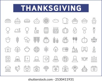 Set of Thanksgiving Icons line style. Contains such Icons as autumn, food, drink, celebration, Pilgrims, decorations, farming, gifts, nature, produce And Other Elements.