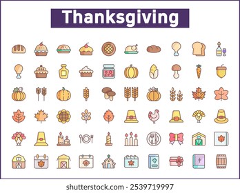 Set von Thanksgiving Icons Linienstil. Enthält solche Ikonen wie Herbst, Essen, Trinken, Feiern, Pilger, Dekorationen, Landwirtschaft, Geschenke, Natur, Produkte und andere Elemente.