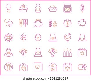 Set von Thanksgiving Icons Linienstil. Enthält solche Ikonen wie Herbst, Essen, Trinken, Feiern, Pilger, Dekorationen, Landwirtschaft, Geschenke, Natur, Produkte und andere Elemente.