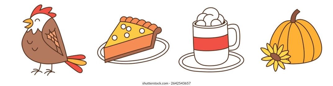 Set of Thanksgiving icons with turkey, pie, hot drink and pumpkin on white background, Isolated