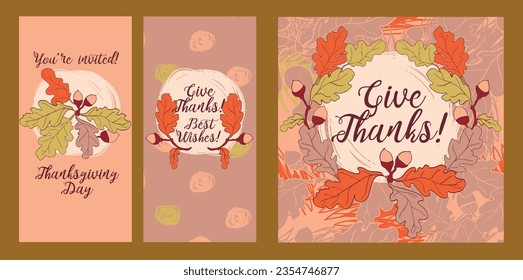 set of thanksgiving invitations with oaks leaves, vector illustration in hand drawn style