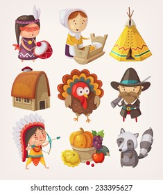 Set of thanksgiving items and characters