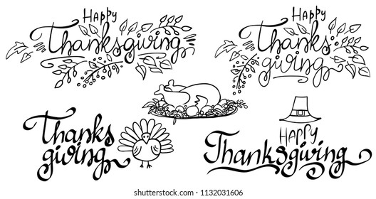 Set of Thanksgiving lettering isolated on white. Happy Thanksgiving. Vector illustration. Perfect for postcard, greeting card, print.