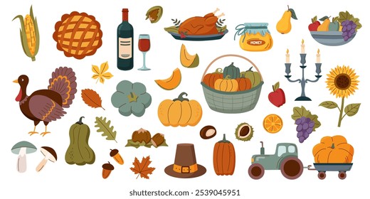 Reihe von Thanksgiving-Objekten einzeln auf weißem Hintergrund. Thanksgiving, Herbst und Ernte Konzept.