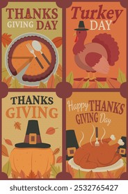 set of thanksgiving poster or flyer designs, with vintage style, roast chicken, pumpkin, pie, and turkey