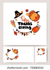 Set of Thanksgiving posters, banners, backgrounds, flyers. Holiday cute symbols and hand lettering. Vector illustration