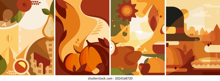 Set of Thanksgiving posters in flat style. Different postcard designs.